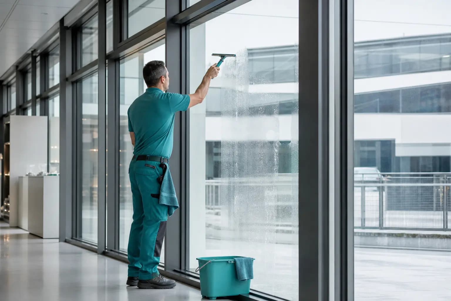 Professionelle Reinigung einer großen Glasfläche